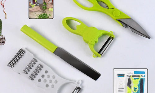 4-Piece Kitchen Cutting Set: Scissors, Peeler, Grater / Slicer, and Knife