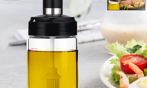Clear Glass Oil Dispenser Bottle with Integrated Silicone Basting Brush (250ml)
